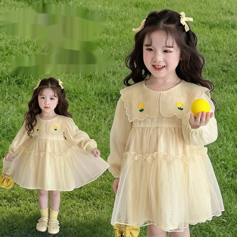 Vestido de manga larga con cuello azul marino para niña — Cómodo y elegante, perfecto para el día a día y ocasiones especiales
