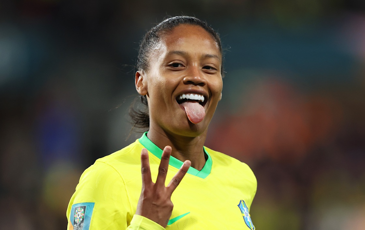 Ary Borges of Brazil celebrates scoring her team's fourth and her hat trick goal in their Fifa Women's World Cup win against Panama at Hindmarsh Stadium in Adelaide, Australia on July 24 2023.