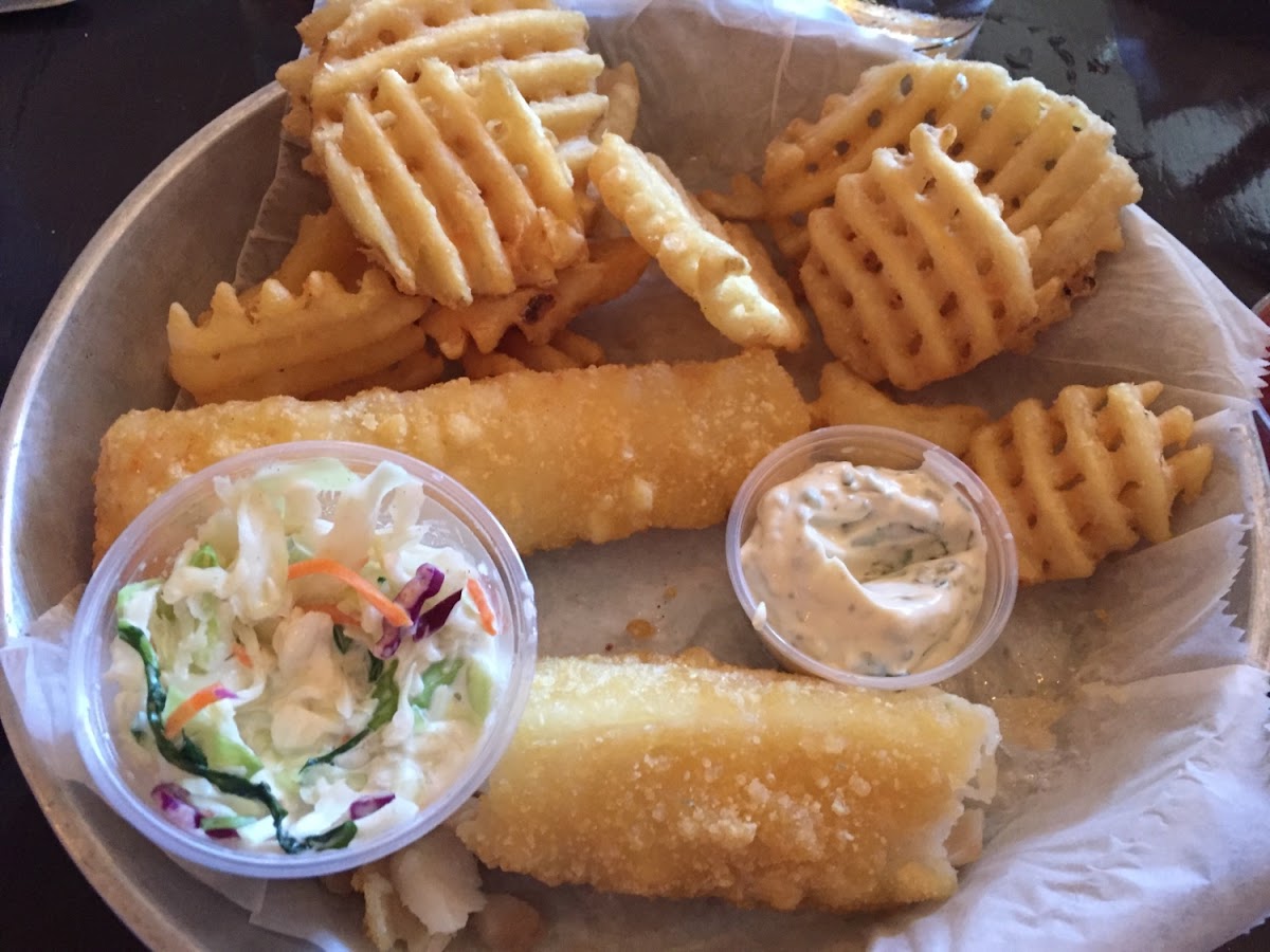 GF fish fry (cod) with waffle fries and Cole slaw.
