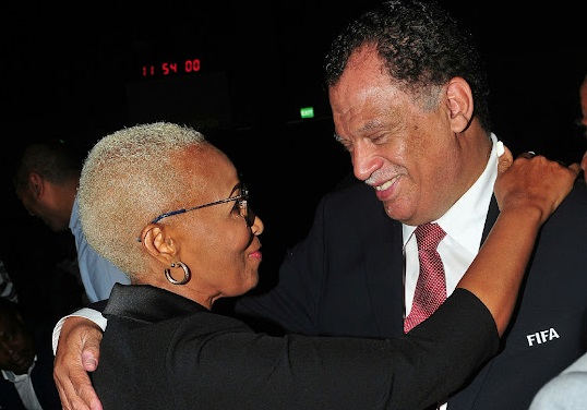 Ria Ledwaba and Danny Jordaan during memorial service of late Bafana legend Chippa Masinga in Soweto.