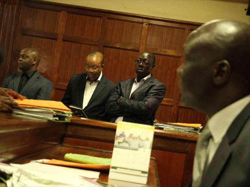 A file photo of some of the suspects in the National Youth Service fraud case at Milimani Law Courts.