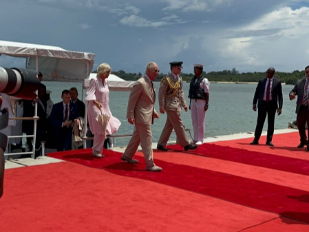 The British Monarch King Charles III and Queen Camilla arrive at Mtongwe Naval Base aboard the Admiral’s Barge in Mombasa on Thursday, November 2, 2023.