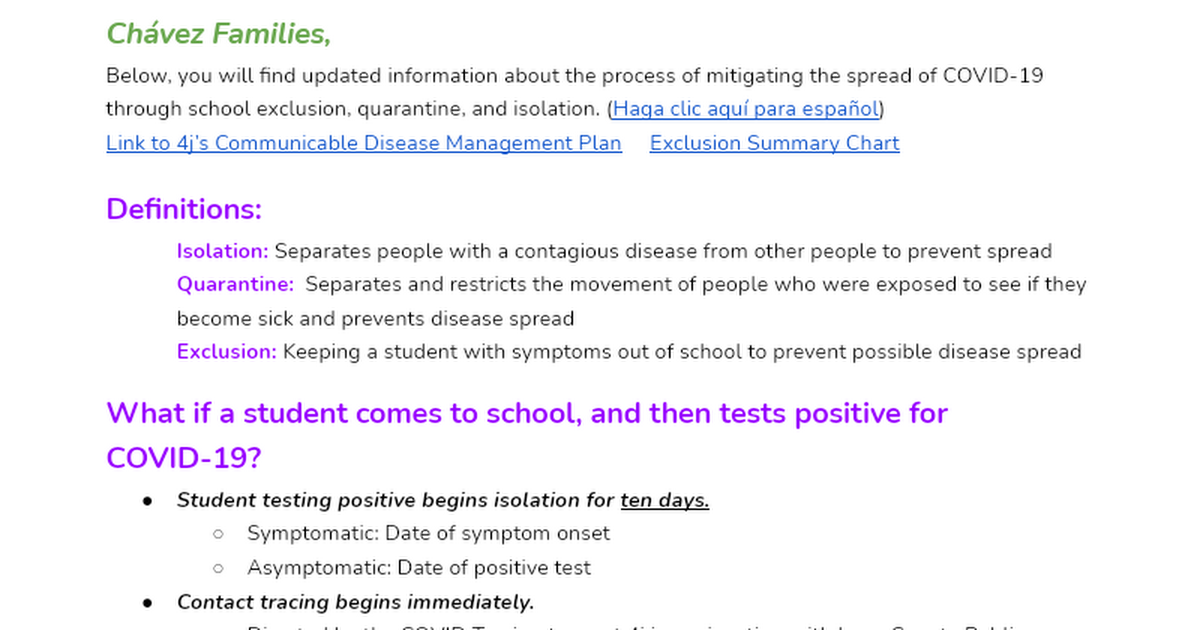 Quarantine Information for Families