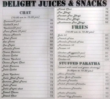 Delight Juices and Snacks menu 