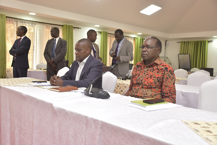 Immediate former IEBC commissioners Justus Nyang'aya and Francis wanderi give their views during a meeting with the National Dialogue Committee at the Bomas of Kenya on September 26, 2023