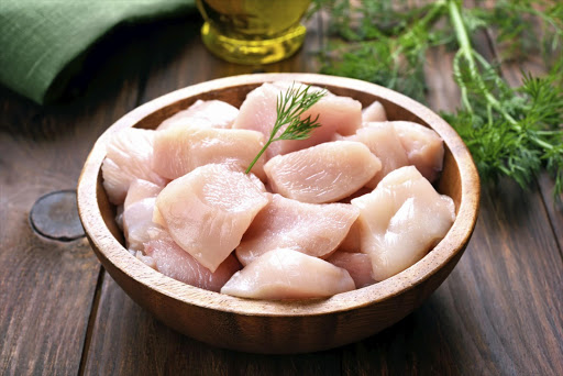 A bowl of fresh chicken pieces.