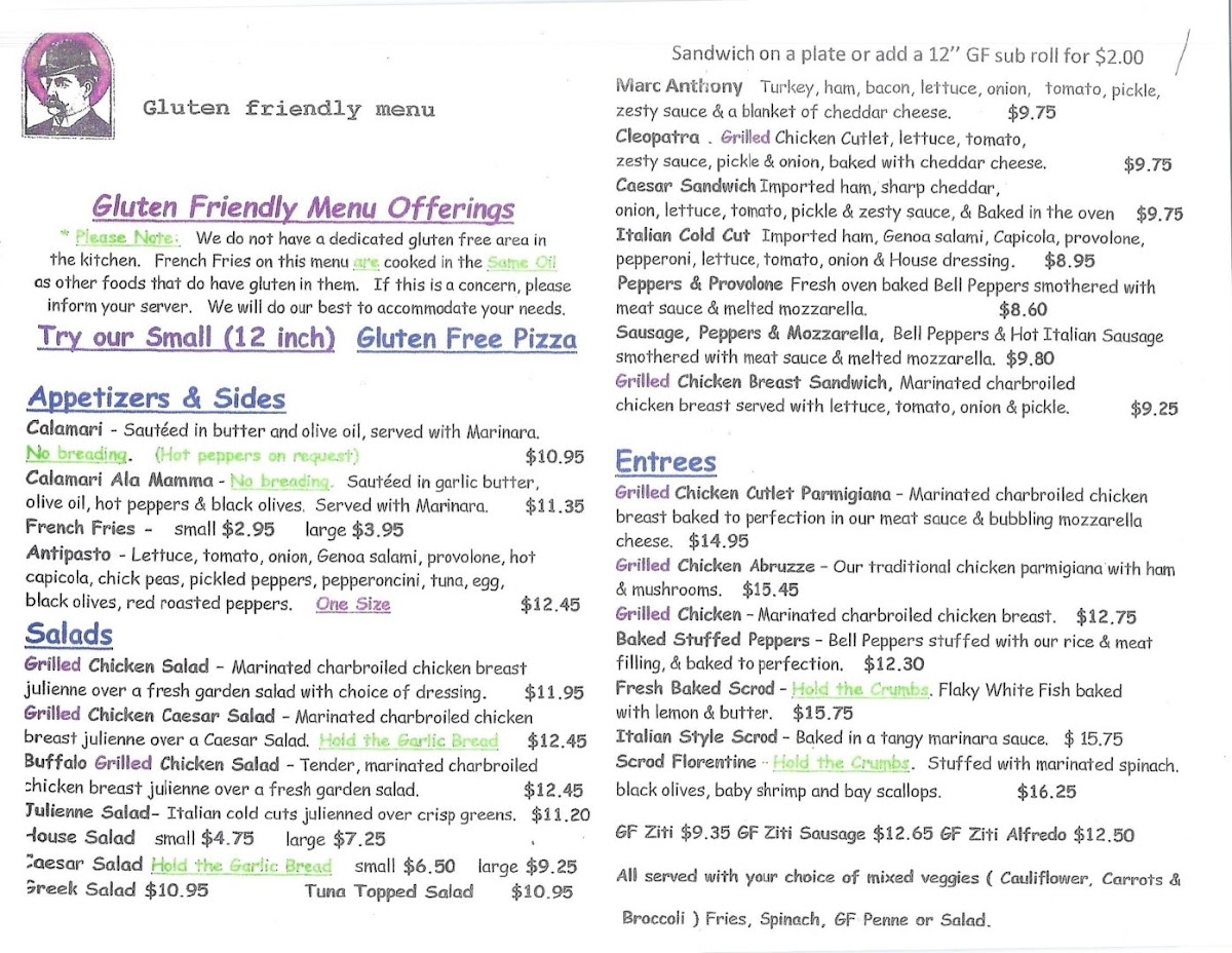 Uncle Tony's Pizza & Pasta gluten-free menu