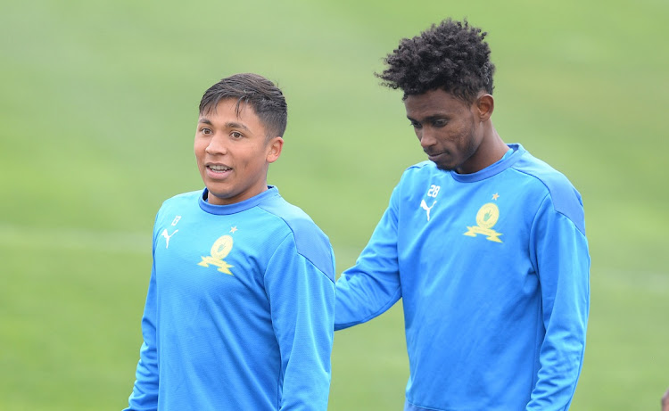 Mamelodi Sundowns players Marcelo Allende and Abubeker Nasir at Chloorkop on August 31 2022.