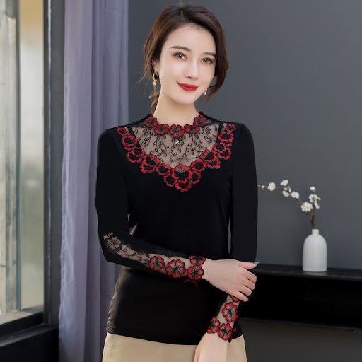 Title 1, Lace Round Neck Western Style Mesh Long-sleeved...