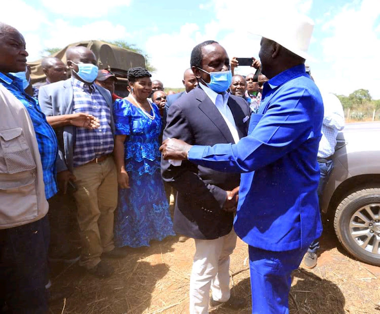 Wiper Leader, Stephen Kalonzo welcomes Raila Odinga in Mwingi on Saturday April 9, 2022