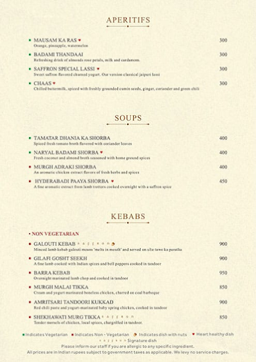 Saffron Restaurant menu 