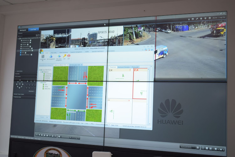 A screen monitor on roads and junctions in Nairobi at Kura's offices, Barabara Plaza, on February 17, 2021