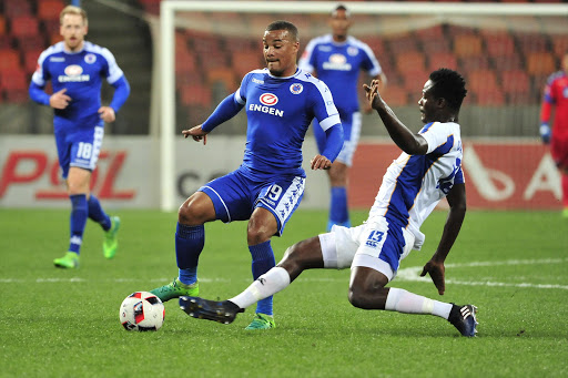 Justice Chabalala of Chippa United and Fagrie Lakay of Supersport United during the Absa Premiership 2016/17 game between Chippa United and Supersport United at Nelson Mandela Bay Stadium in Port Elizabeth on 17 May 2017. Deryck Foster/BackpagePix