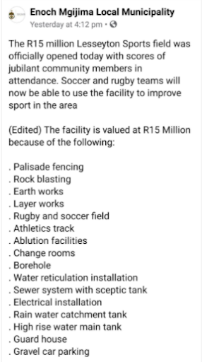 A now-deleted post detailing the R15m Lesseyton Sports field in the northwest of Queenstown.