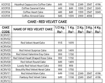 Kwality Cake menu 