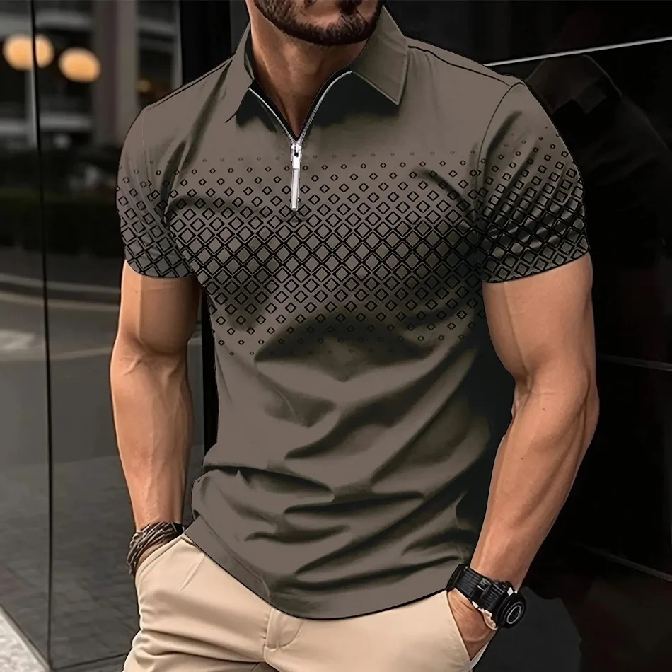 Heren casual T-shirt met rits, 3D digitale print, korte mouwen, modieuze trend voor dagelijks gebruik en comfort.