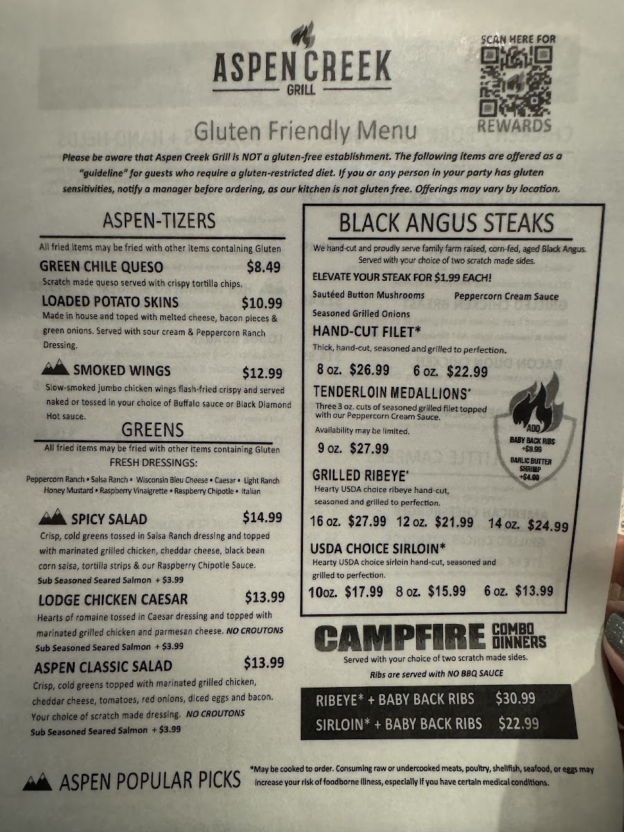 Aspen Creek Grill gluten friendly menu April 2024 page 1 of 2