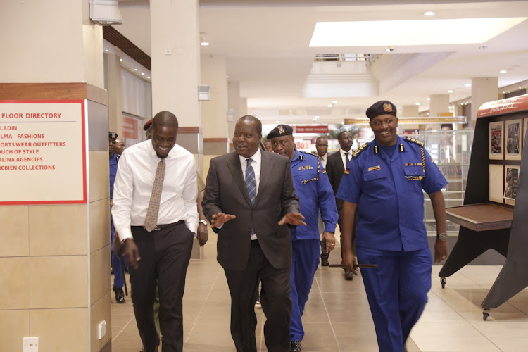 Nairobi Senator Johnson Sakaja, Interior CS Fred Matiang'i, Nairobi police boss Philip Ndolo and Police IG Hillary Mutyambai when they visited a Nairobi hotel on March 6.