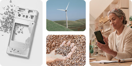 Collage that includes the metal frame of a phone with shaved pieces of metal, a hand holding recycled metals, a windmill and someone smiling whilst using a Pixel phone