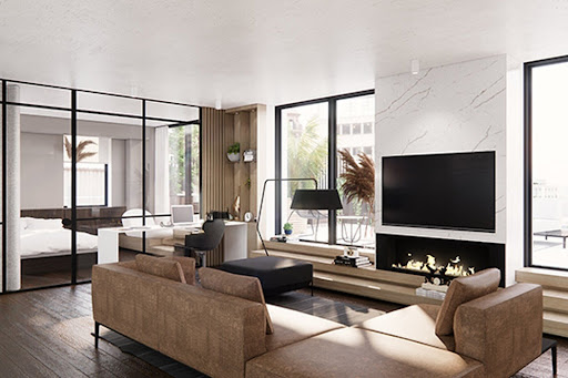 Luxury property for sale in La Cité-Limoilou (Canada) - Modern living room with fireplace and desk