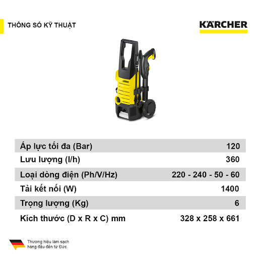 Máy xịt rửa xe Karcher K 2.360, Máy rửa xe áp lực cao 1400w, lưu lượng nước 360 (l/h) kèm 7 món phụ kiện