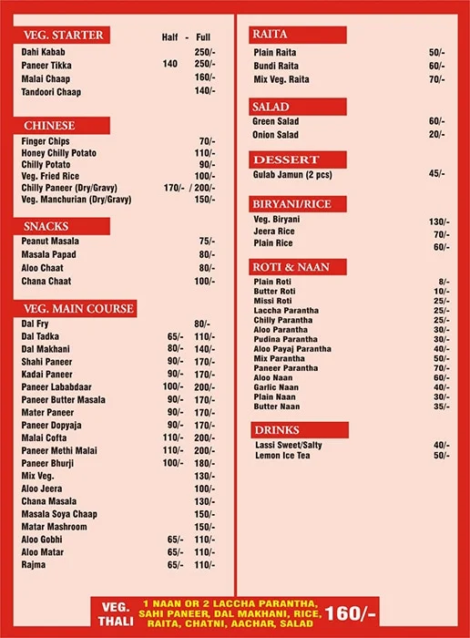 Dhaba Patthon Da menu 