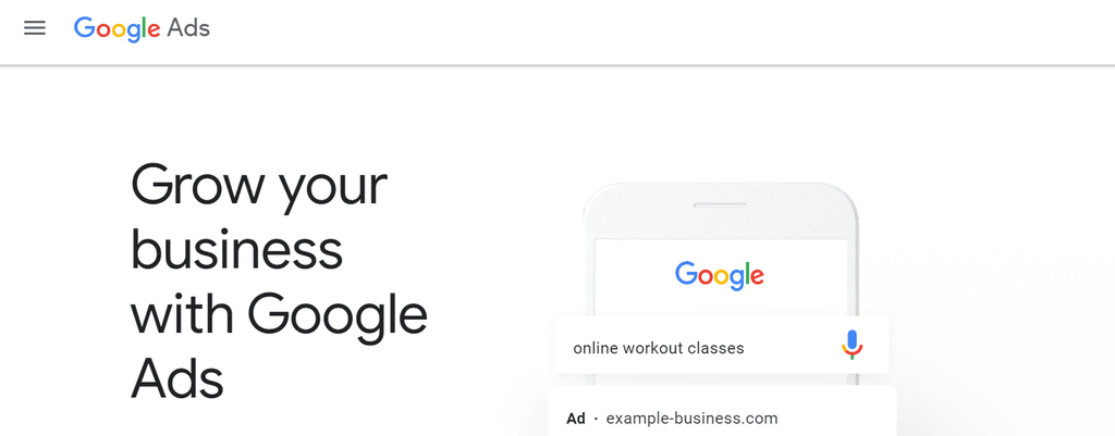 Landing page du site Google Ads 