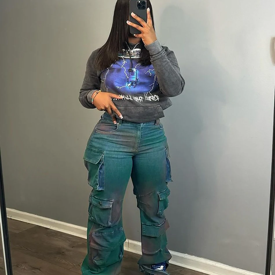 Fashion Persoonlijkheid Trend Jeans met Tie-dye en meerdere zakken Hoge Taille Rechte Broek