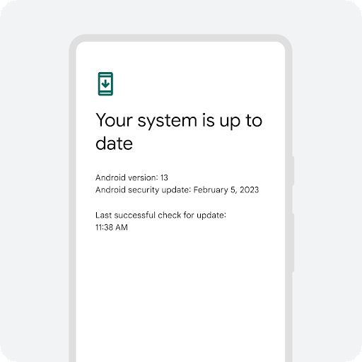 An outline of an Android phone with a notification that the system is up-to-date, along with other details including current Android version and date and time of the last update.