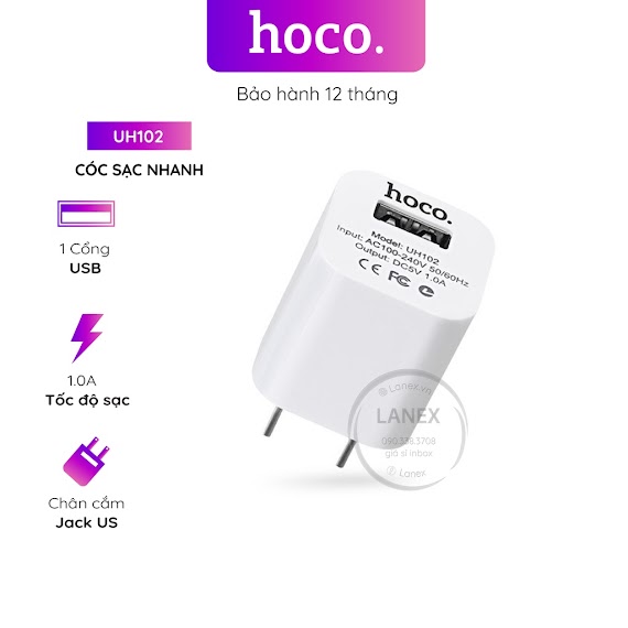 Cóc Sạc Nhanh Hoco Uh102 1 Cổng Usb 1.0A