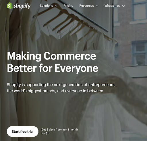 B2B messaging framework example - messaging by solution. Showing Shopify homepage