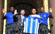 Siyanda Xulu, Councillor Stuart Diamond (Mayoral Committee Member for Assets and Facilities Management) Fadlu Davids (Head Coach) and Bevan Fransman during the Maritzburg United Media Conference at City Hall on May 14, 2018 in Cape Town, South Africa. 