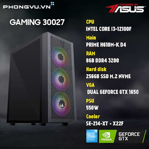 PC Phong Vũ Gaming 30027 Intel Core i3-12100F/8GB/256GB SSD/Không HDD/GeForce GTX 1650/Free DOS/