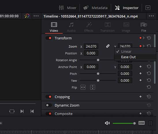 Ease animation in davinci resolve