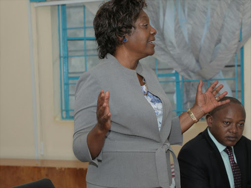 Kitui governor Charity Ngilu speaking during a consultative meeting with health stakeholders at the Kitui level IV hospital on Thursday. /Musembi Nzengu