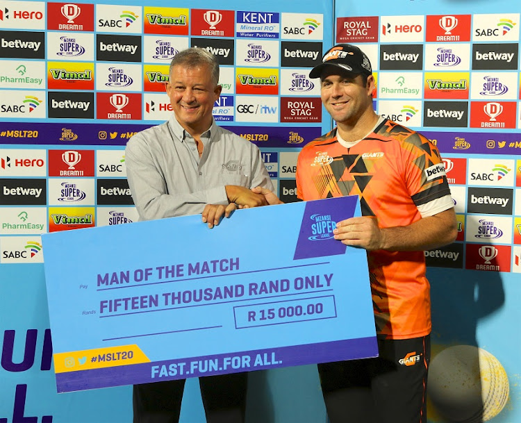 Man of the Match Jon-Jon Smuts (C) of Nelson Mandela Bay Giants during the Mzansi Super League match between Nelson Mandela Bay Giants and Cape Town Blitz at St. Georges Park on November 20, 2019 in Port Elizabeth, South Africa.