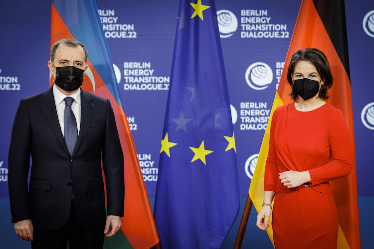 Azerbaijan Foreign Minister Jeyhun Bayramov and his Germany counterpart Annalena Baerbock at Berlin Energy Transition Dialogue in Berlin on March 29, 2022