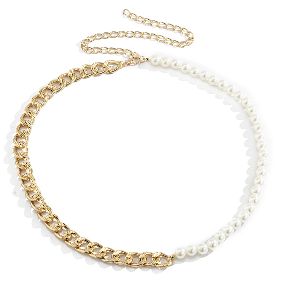 Corrente de cintura francesa geométrica vintage com pérolas de imitação, camada única, realça a cintura com elegância e charme.