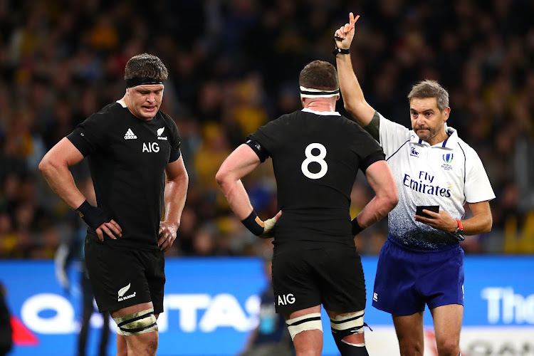 Scott Barrett of New Zealand is shown the red card during the 2019 Rugby Championship Test against Australia at Optus Stadium on August 10, 2019 in Perth