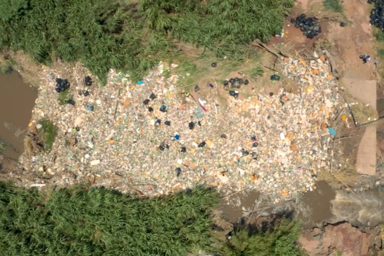 The pollution build-up in the Umhlanga River as seen in this aerial photograph.