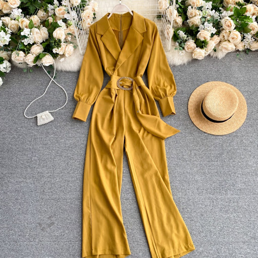 Title 5, Slim-fit lapel long-sleeved lace-up jumpsuit