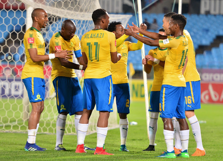 Ricardo Nascimento of Mamelodi Sundowns celebrates with teammates after scoring a goal during the Absa Premiership match against Lamontville Golden Arrows at Loftus Stadium in Pretoria on Tuesday April 17 2018.