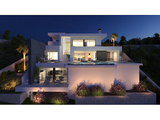 Buy this luxury villa in Alcàsser (Spain) - Modern villa with illuminated pool at night