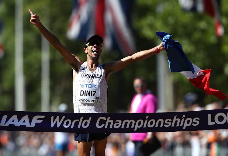 Yohann Diniz of France celebrates after winning the Men's 50km Race Walk final during day ten of the 16th IAAF World Athletics Championships London 2017 at The Mall on August 13, 2017 in London, United Kingdom.