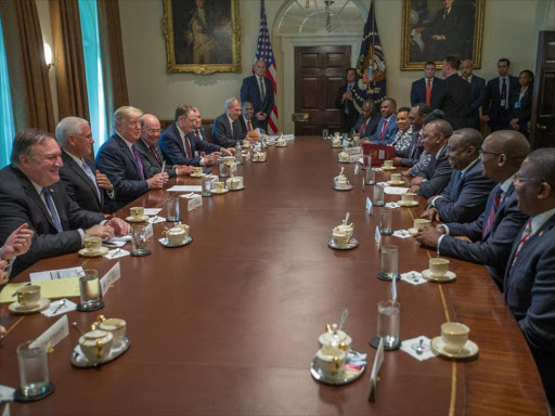 US and Kenya delegations led by Donald Trump and Kenya's Uhuru Kenyatta during their bilateral meeting at the White House, Washington DC, Monday August 28, 2018. /PSCU