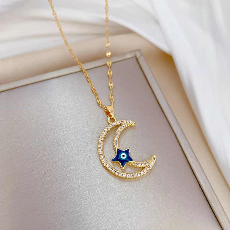 Collier Étoile Lune Diamant Complet, bijou étincelant pour femmes. Un cadeau parfait pour briller en toute occasion, élégance garantie.