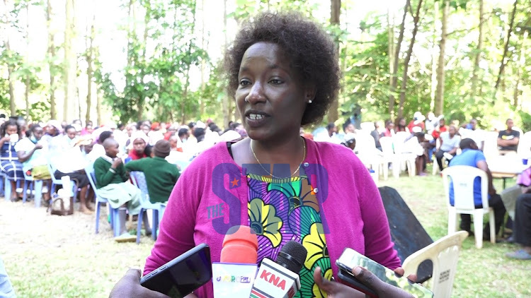 Former Youth PS Lilian Omollo addressing the media at her rural home in Rukira village in Embu County on Tuesday February 1, 2022.