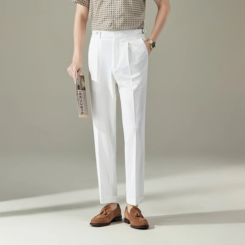 Seersucker herenbroek, dun, recht en los, ideaal voor de zomer. Lichtgewicht en ademend, comfort en casual stijl.