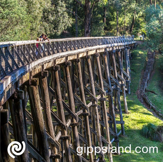 The 21-metre historic timber Noojee Trestle Bridge sits along the meandering old railway line through the Noojee Bushland Reserve and the emerald green township of Noojee